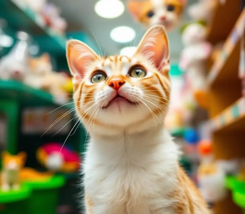 Gato feliz na loja